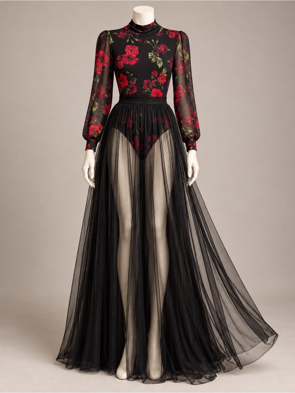 Ember Black Red Roses Mock Neck Bodysuit Sheer Balloon Sleeves Women’s Medium